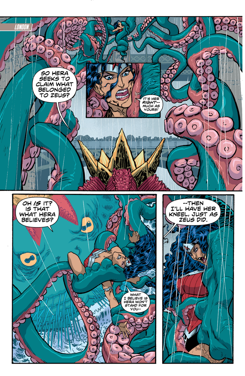 Illustration for article titled Behold, Wonder Woman beating the crud out of an octopus god!